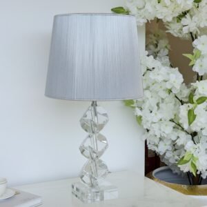 Candeeiro de Mesa c/ Base em Cristal e Abajur Prateado